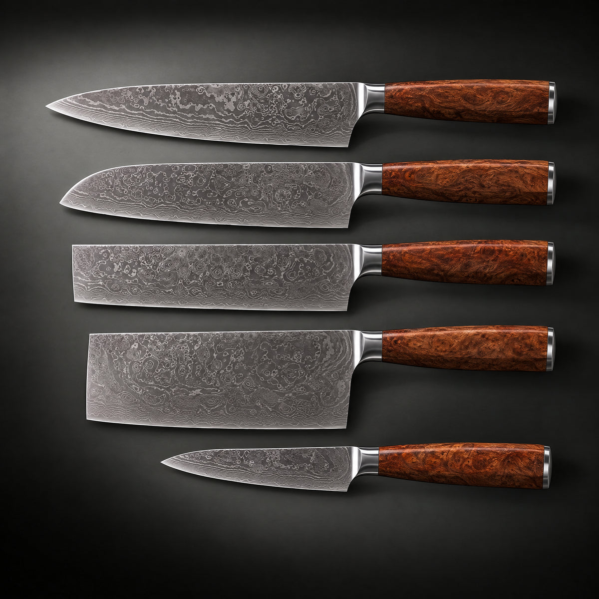 Katsura Damascus Knife Set, full side profile