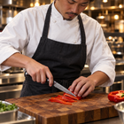 A Japanese chef using the Kogane Steak Knife on a wooden cutting board in a professional kitchen