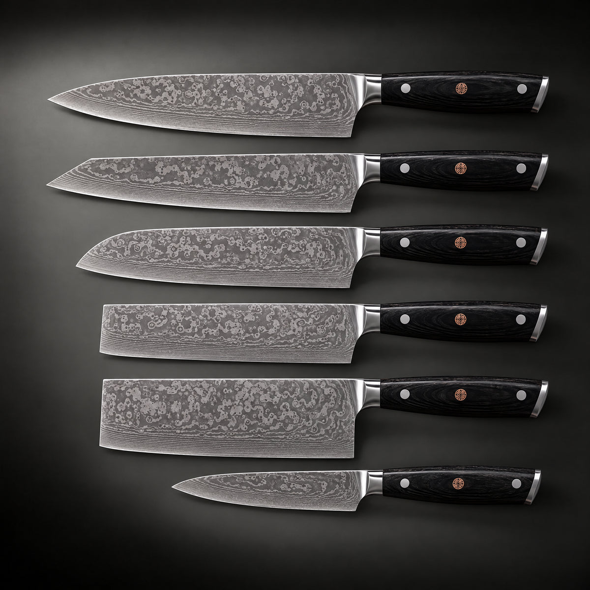 Guren Damascus Knife Set, full side profile