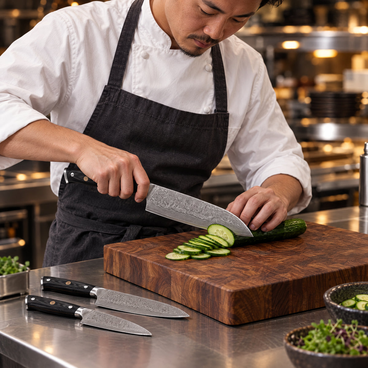A Japanese chef using the Guren 2-Piece Knife Set (Gyuto & Santoku) on a wooden cutting board in a professional kitchen