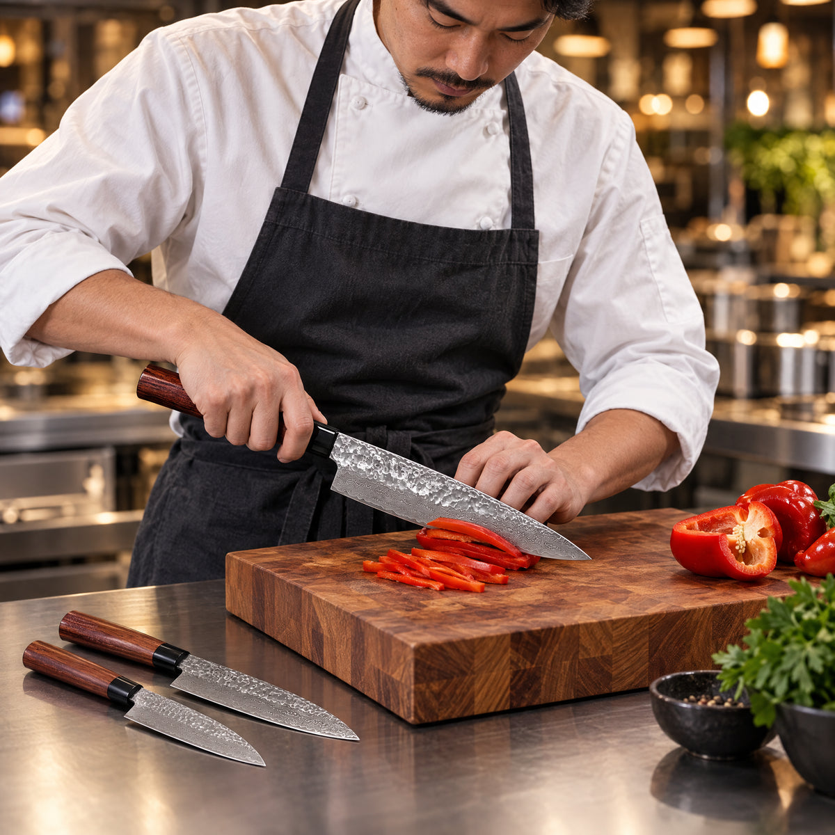 A Japanese chef using the Akitsu 2-Piece Knife Set (Gyuto & Kiritsuke) on a wooden cutting board in a professional kitchen