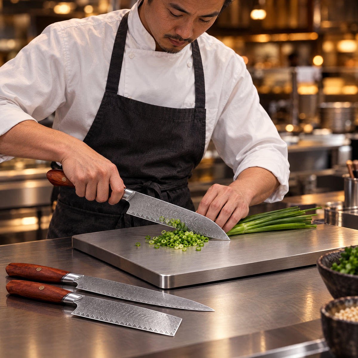 A Japanese chef using the Asama 2-Piece Knife Set (Gyuto & Nakiri) on a titanium cutting board in a professional kitchen