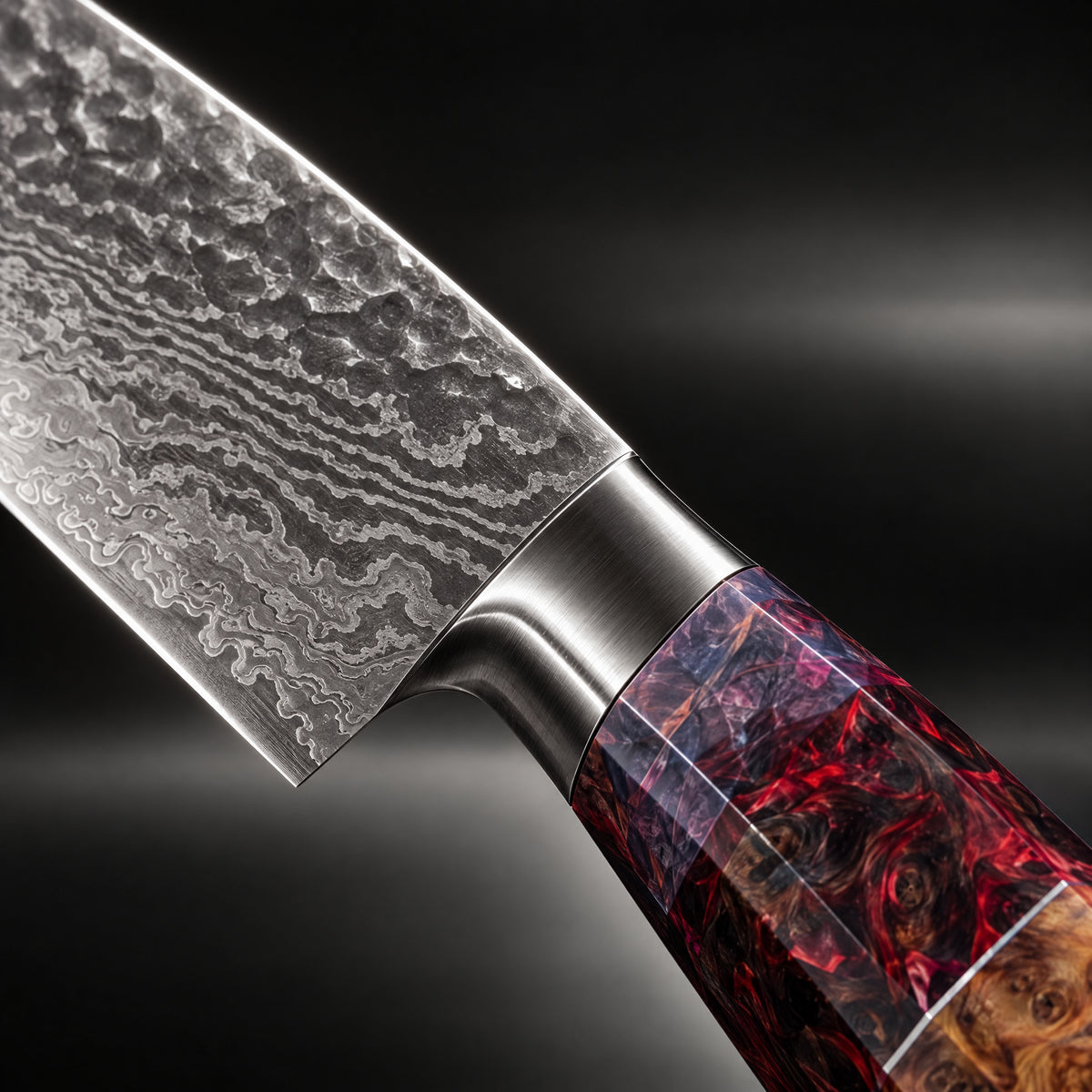 Close-up of the kazan damascus knife set blade and handle