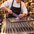 A Japanese chef using the Kongo 10-Piece Knife Set on a titanium cutting board in a professional kitchen