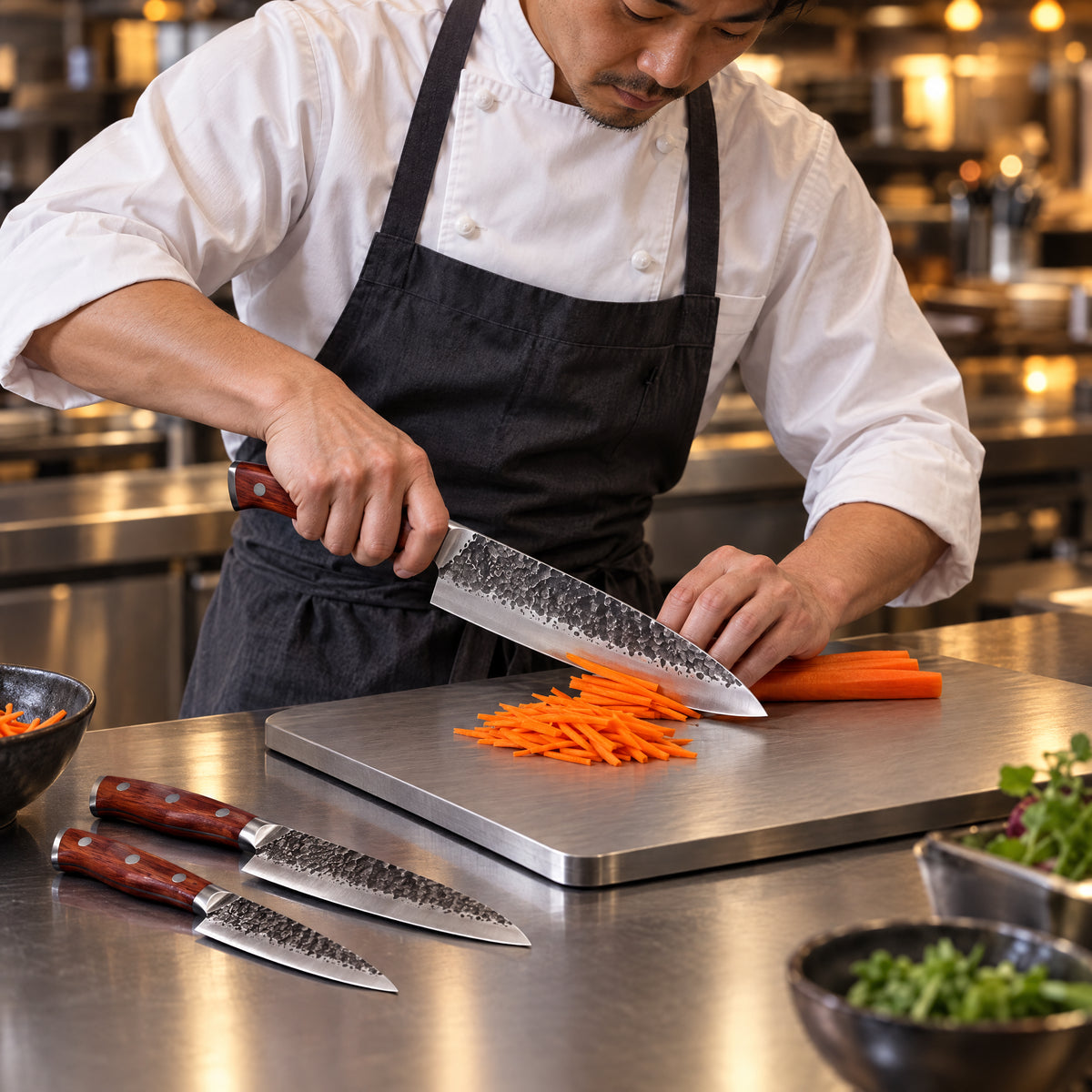 A Japanese chef using the Hagane 2-Piece Knife Set (Gyuto & Utility) on a titanium cutting board in a professional kitchen