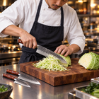A Japanese chef using the Hagane 3-Piece Knife Set (Gyuto, Nakiri & Utility) on a wooden cutting board in a professional kitchen