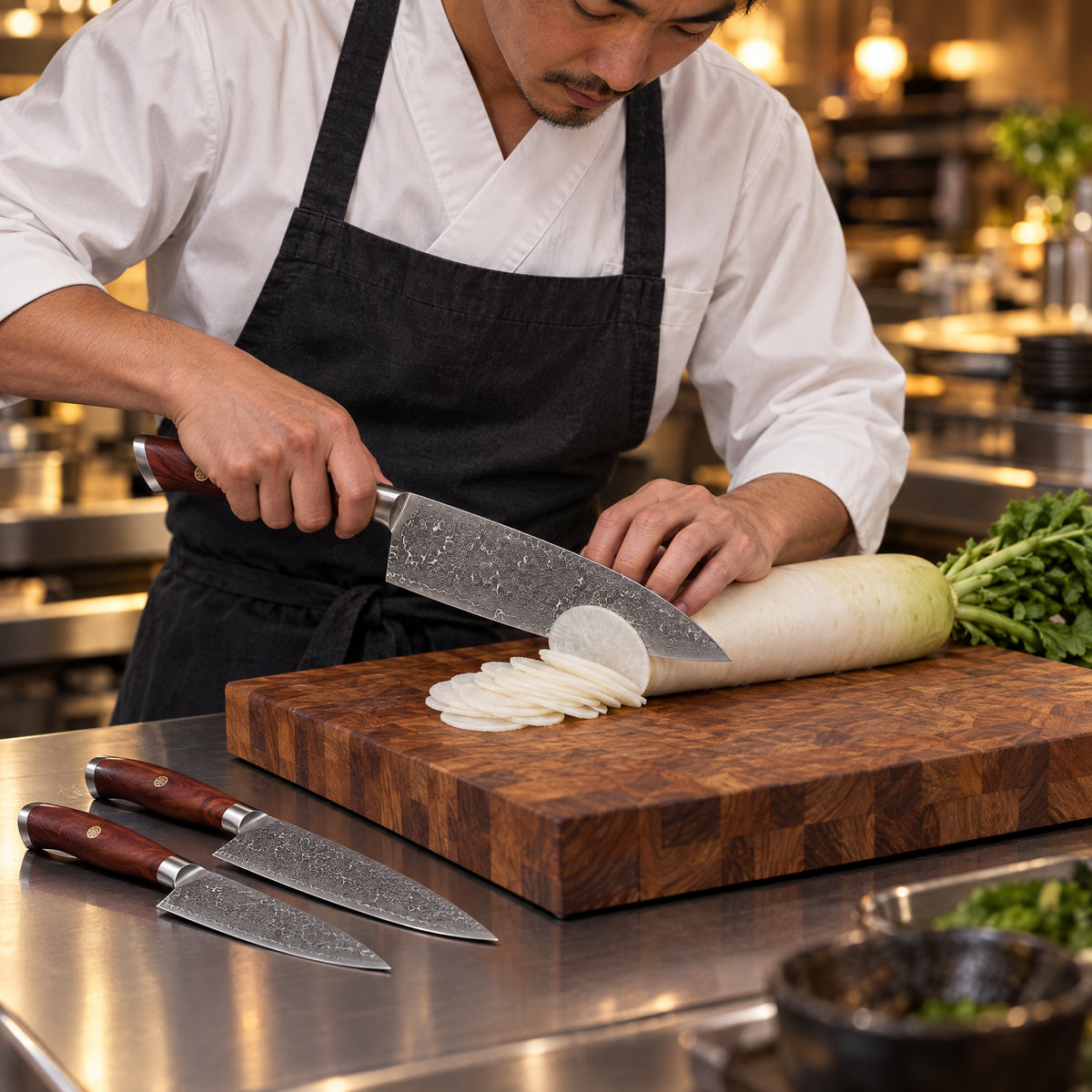 A Japanese chef using the Kurama 2-Piece Knife Set (Gyuto & Kiritsuke) on a wooden cutting board in a professional kitchen