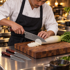 A Japanese chef using the Kurama 2-Piece Knife Set (Gyuto & Kiritsuke) on a wooden cutting board in a professional kitchen