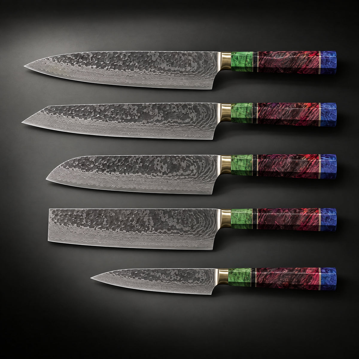Retsu Damascus Knife Set, full side profile