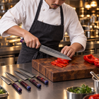 A Japanese chef using the Retsu Damascus Knife Set on a wooden cutting board in a professional kitchen
