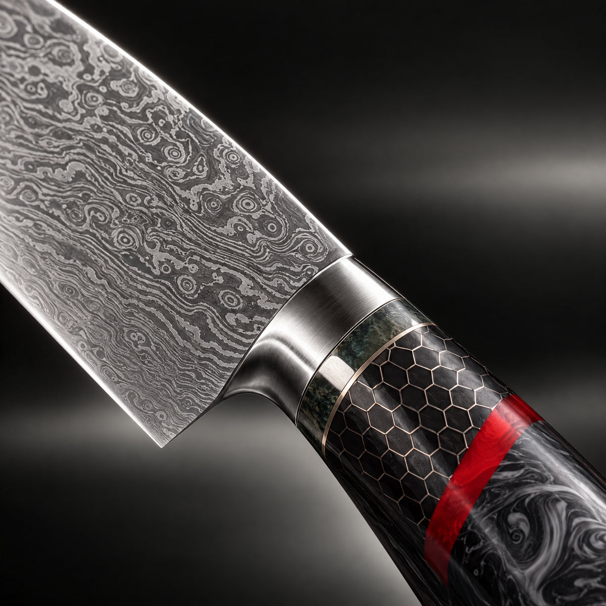 Close-up of the shiden 2-piece knife set (gyuto & utility) blade and handle