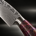Close-up of the retsu damascus knife set blade and handle