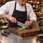 A Japanese chef using the Shiden 2-Piece Knife Set (Gyuto & Utility) on a wooden cutting board in a professional kitchen