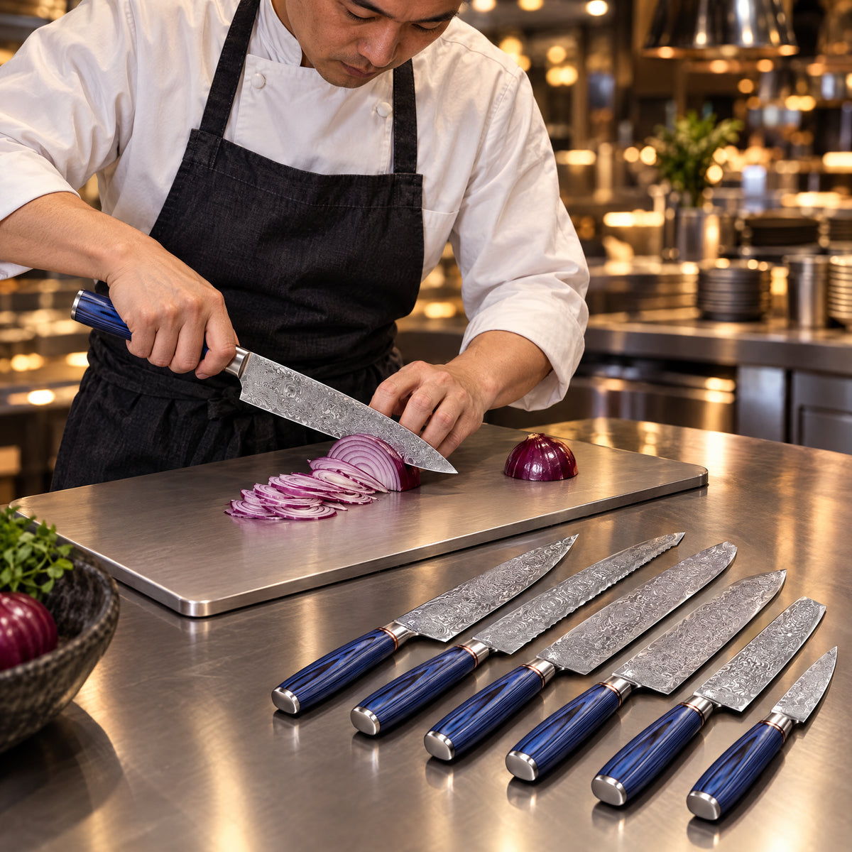 A Japanese chef using the Seiryu 7-Piece Knife Set on a titanium cutting board in a professional kitchen