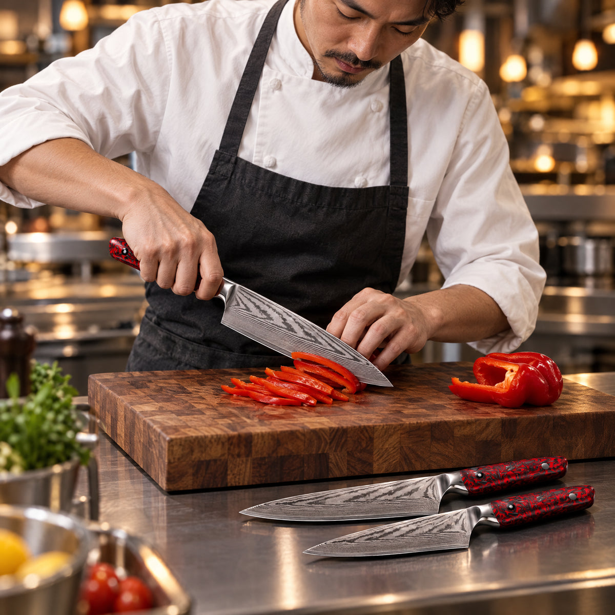 A Japanese chef using the Kurenai 2-Piece Knife Set (Gyuto & Utility) on a wooden cutting board in a professional kitchen