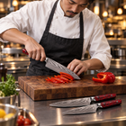 A Japanese chef using the Kurenai 2-Piece Knife Set (Gyuto & Utility) on a wooden cutting board in a professional kitchen