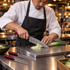 A Japanese chef using the Kurenai 2-Piece Knife Set (Gyuto & Santoku) on a titanium cutting board in a professional kitchen
