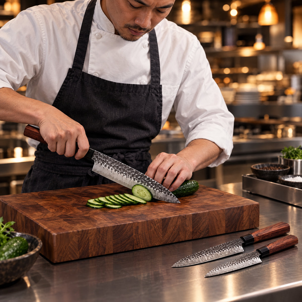 A Japanese chef using the Shizuma 2-Piece Knife Set (Gyuto & Petty) on a wooden cutting board in a professional kitchen