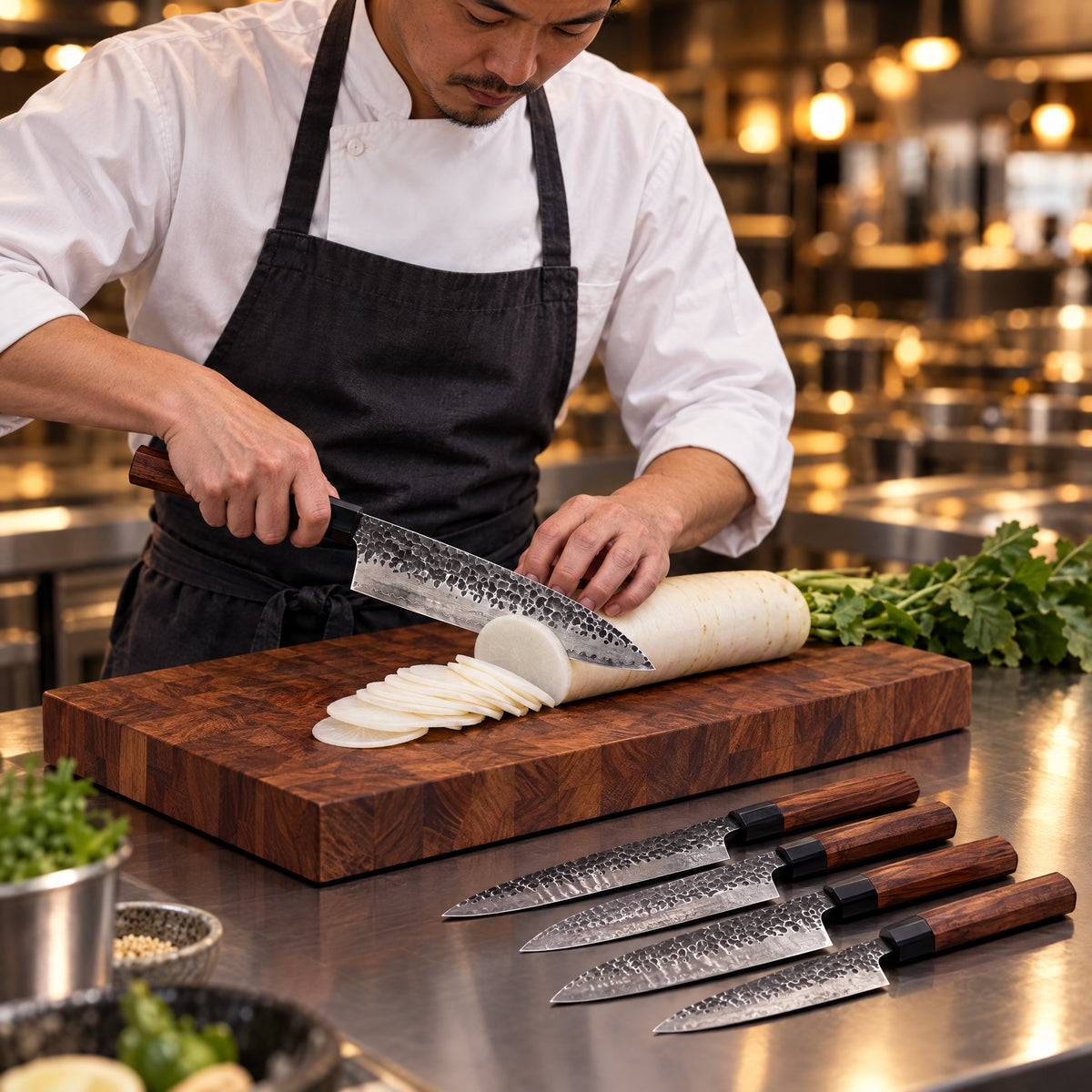 A Japanese chef using the Shizuma Damascus Knife Set on a wooden cutting board in a professional kitchen