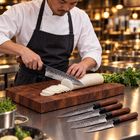 A Japanese chef using the Shizuma Damascus Knife Set on a wooden cutting board in a professional kitchen