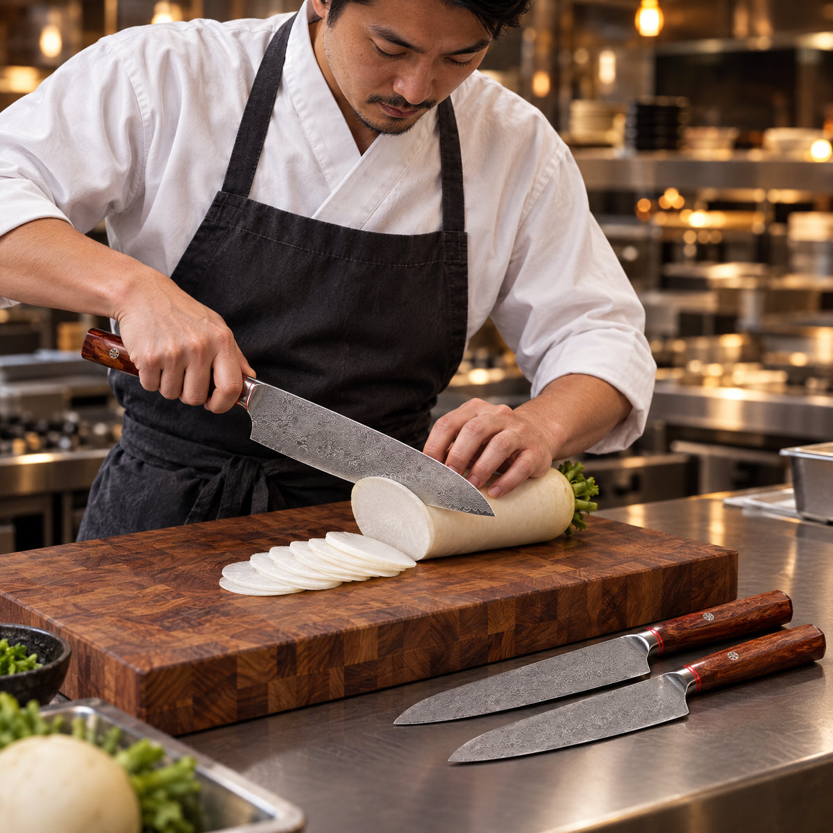 A Japanese chef using the Takamori 2-Piece Knife Set (Gyuto & Santoku) on a wooden cutting board in a professional kitchen