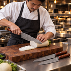 A Japanese chef using the Takamori 2-Piece Knife Set (Gyuto & Santoku) on a wooden cutting board in a professional kitchen
