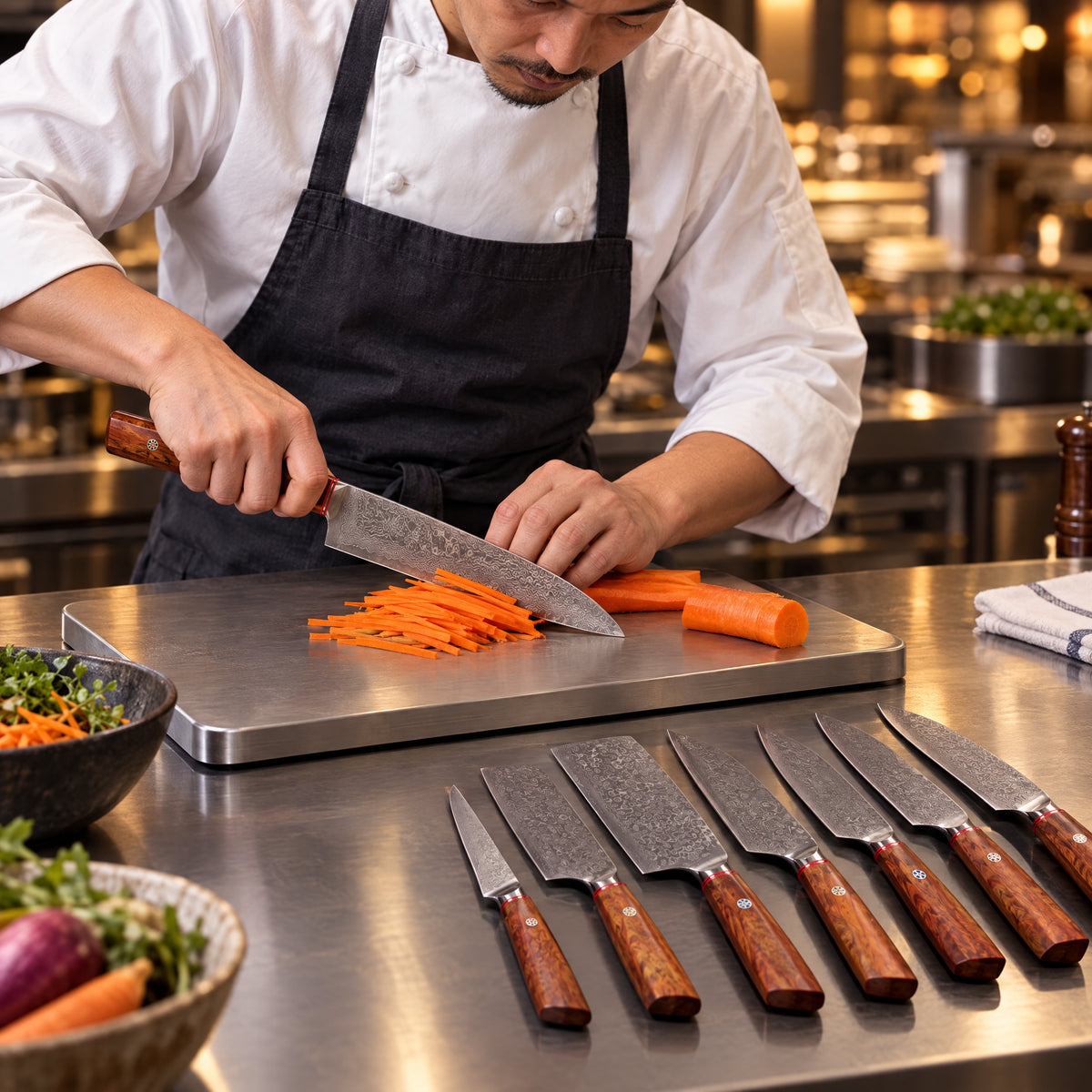 A Japanese chef using the Takamori 7-Piece Knife Set on a titanium cutting board in a professional kitchen