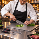 A Japanese chef using the Shiden 3-Piece Knife Set (Gyuto, Nakiri & Utility) on a titanium cutting board in a professional kitchen