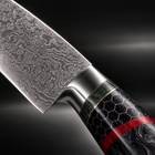 Close-up of the shiden 3-piece knife set (gyuto, nakiri & utility) blade and handle