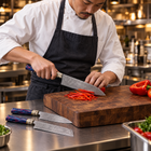 A Japanese chef using the Raiko 2-Piece Knife Set (Gyuto & Kiritsuke) on a wooden cutting board in a professional kitchen