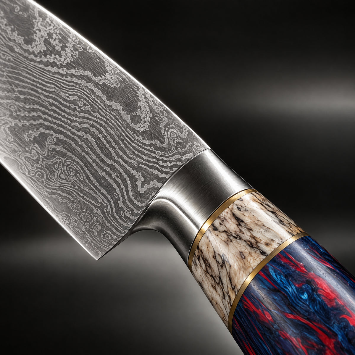 Close-up of the raiko 2-piece knife set (gyuto & kiritsuke) blade and handle