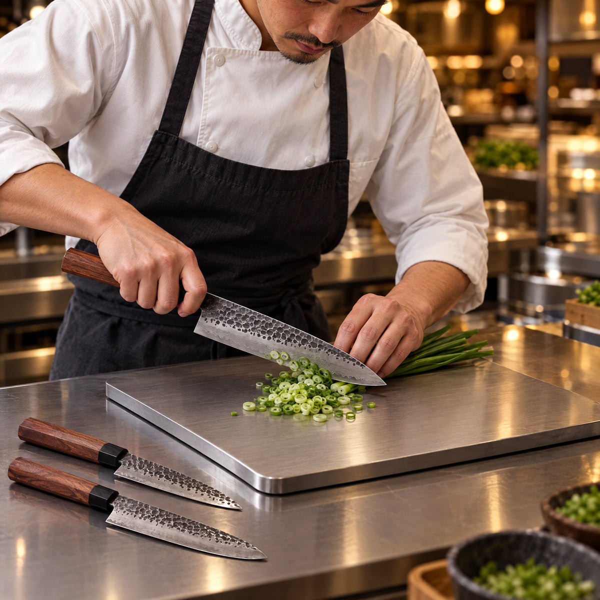 A Japanese chef using the Shizuma 3-Piece Knife Set (Gyuto, Nakiri & Petty) on a titanium cutting board in a professional kitchen