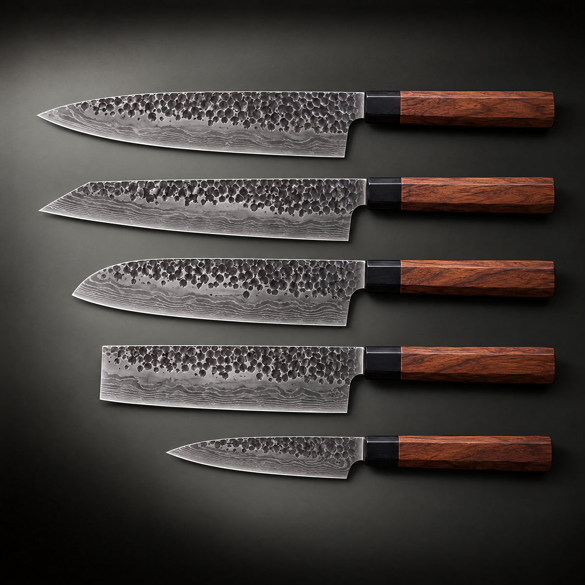 Shizuma Damascus Knife Set, full side profile