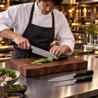 A Japanese chef using the Kurogane 2-Piece Knife Set (Santoku & Petty) on a wooden cutting board in a professional kitchen