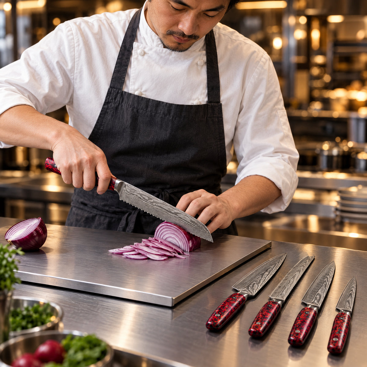A Japanese chef using the Kurenai 5-Piece Knife Set on a titanium cutting board in a professional kitchen