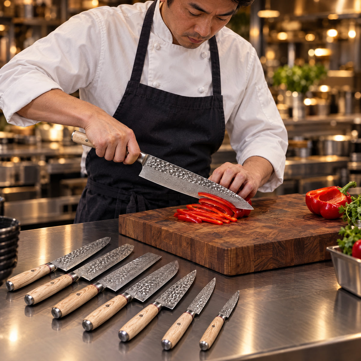 A Japanese chef using the Takumi 7-Piece Knife Set on a wooden cutting board in a professional kitchen