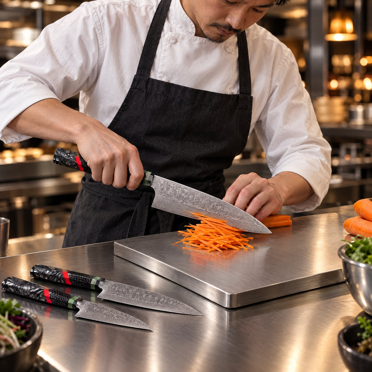 A Japanese chef using the Shingen 2-Piece Knife Set (Gyuto & Utility) on a titanium cutting board in a professional kitchen