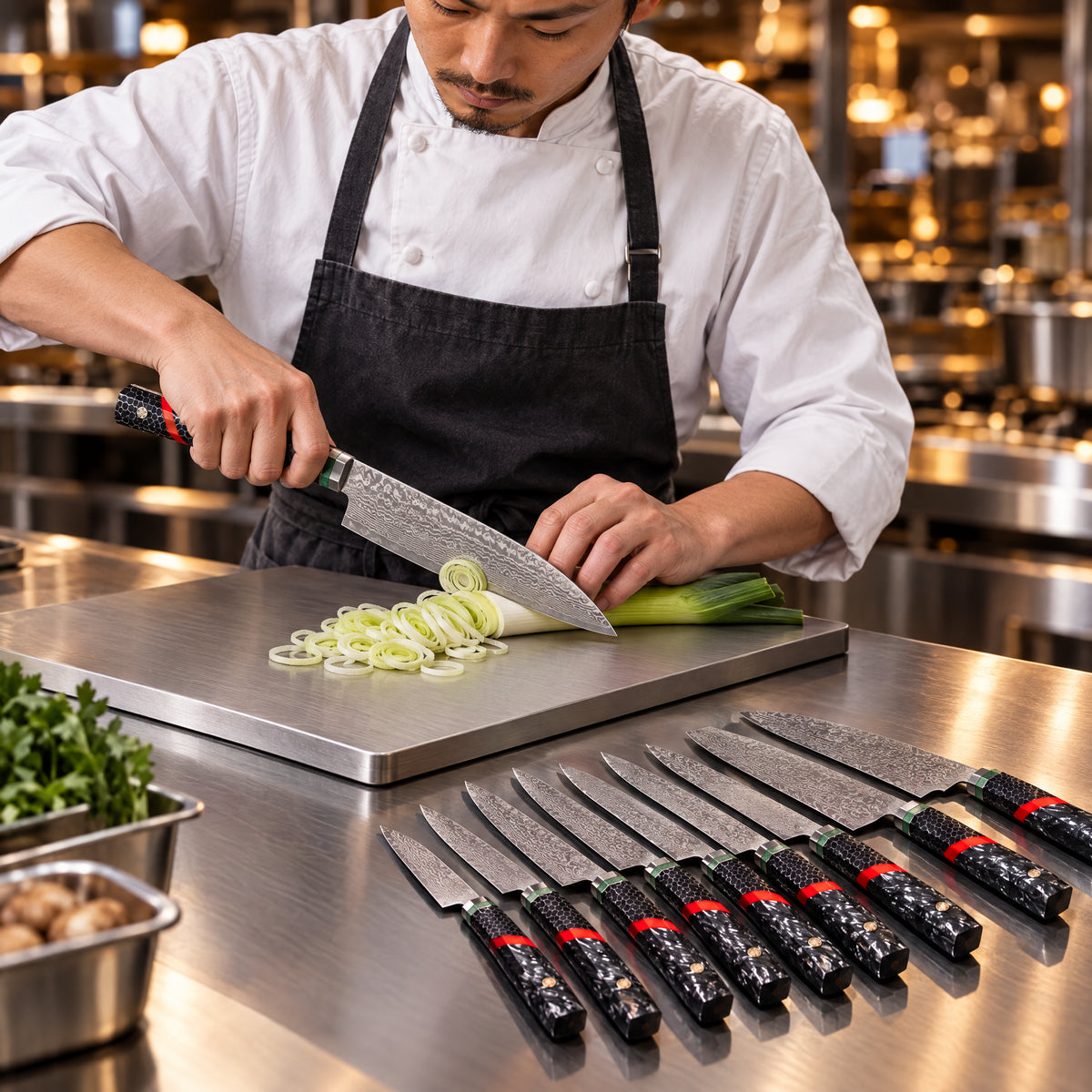 A Japanese chef using the Shingen 9-Piece Knife Set on a titanium cutting board in a professional kitchen