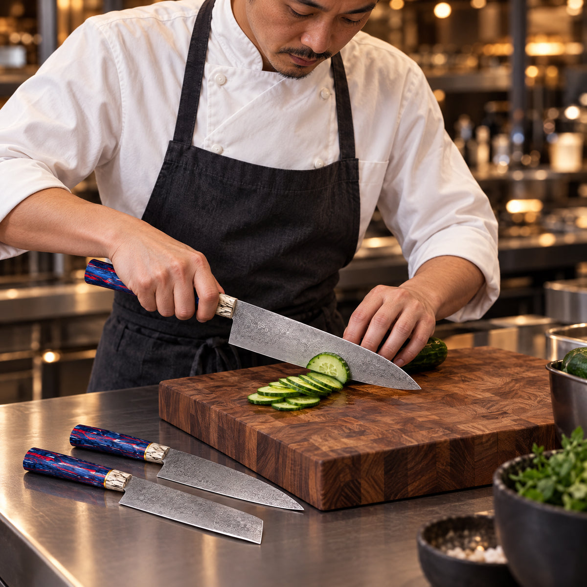 A Japanese chef using the Raiko 3-Piece Knife Set on a wooden cutting board in a professional kitchen