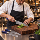 A Japanese chef using the Raiko 3-Piece Knife Set on a wooden cutting board in a professional kitchen