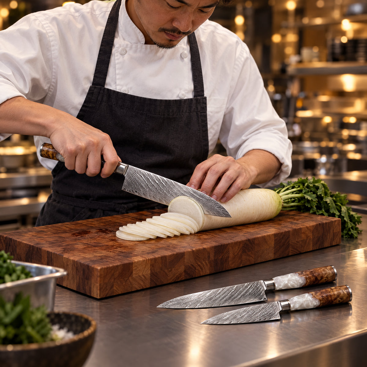 A Japanese chef using the Reimei 3-Piece Knife Set (Gyuto, Nakiri & Petty) on a wooden cutting board in a professional kitchen