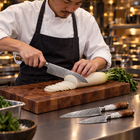 A Japanese chef using the Reimei 3-Piece Knife Set (Gyuto, Nakiri & Petty) on a wooden cutting board in a professional kitchen