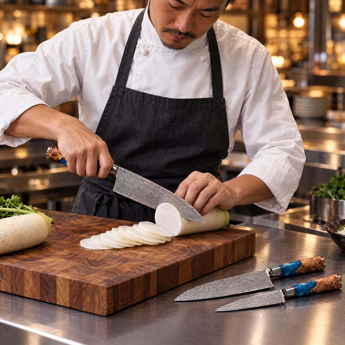A Japanese chef using the Seiran 2-Piece Knife Set (Gyuto & Petty) on a wooden cutting board in a professional kitchen