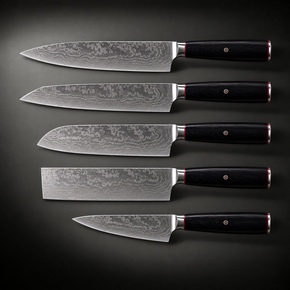 Kurogane Damascus Knife Set, full side profile