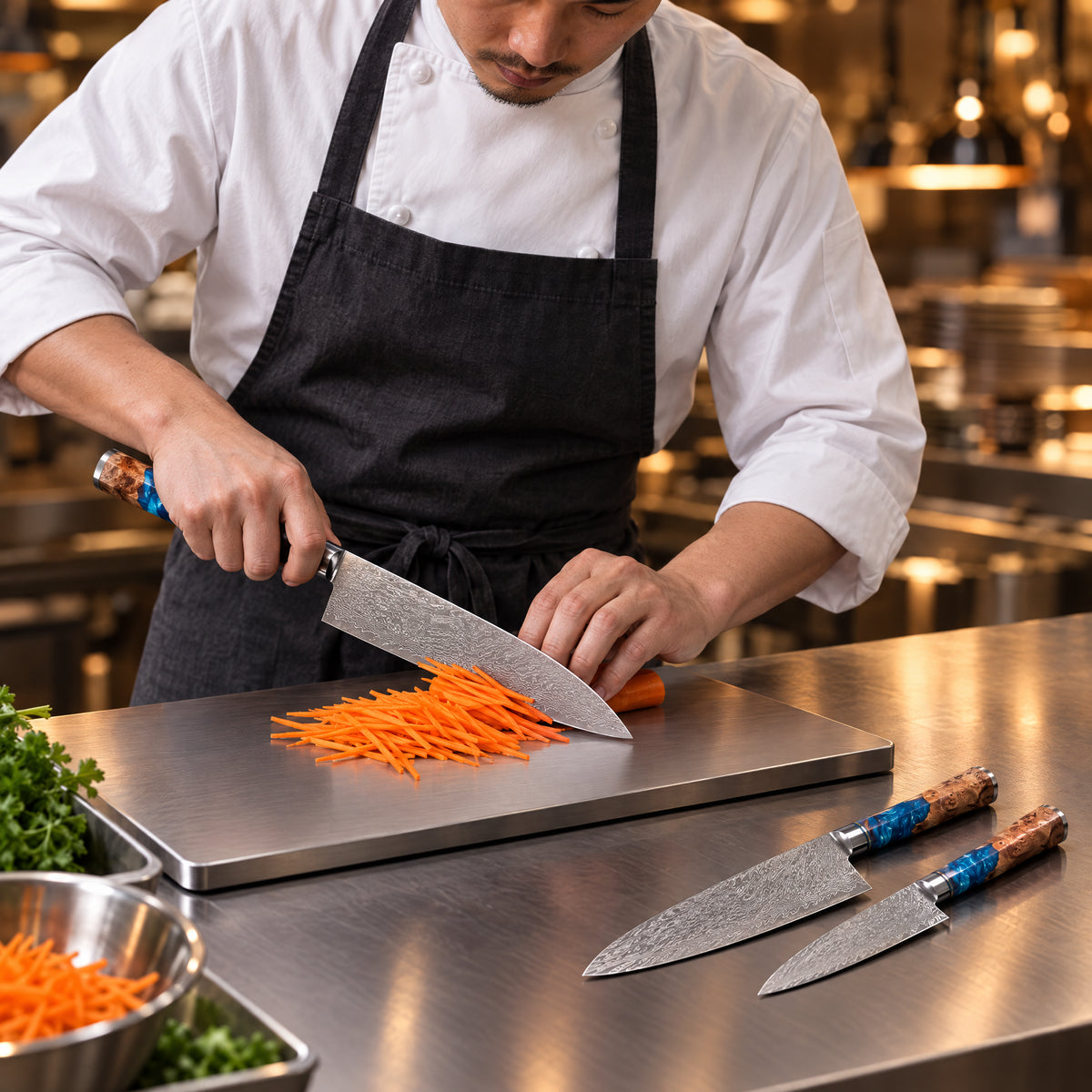 A Japanese chef using the Seiran 3-Piece Knife Set (Gyuto, Nakiri & Petty) on a titanium cutting board in a professional kitchen