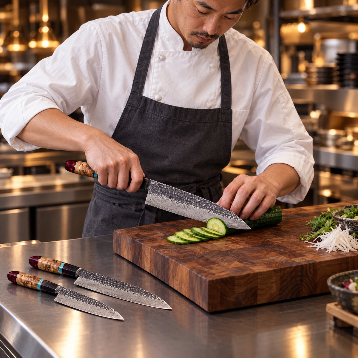 A Japanese chef using the Tenryu 2-Piece Knife Set (Gyuto & Petty) on a wooden cutting board in a professional kitchen