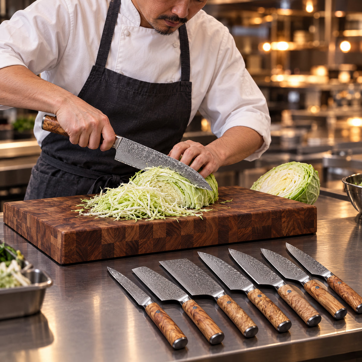 A Japanese chef using the Yamato Damascus Knife Set on a wooden cutting board in a professional kitchen