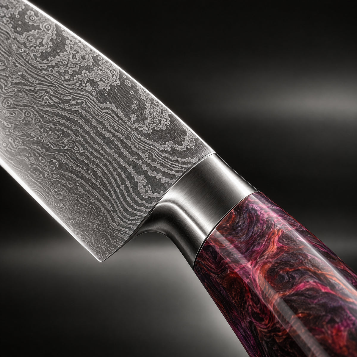 Close-up of the shinzan damascus knife set blade and handle