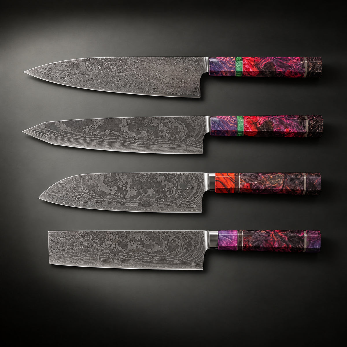 Shinzan Damascus Knife Set, full side profile