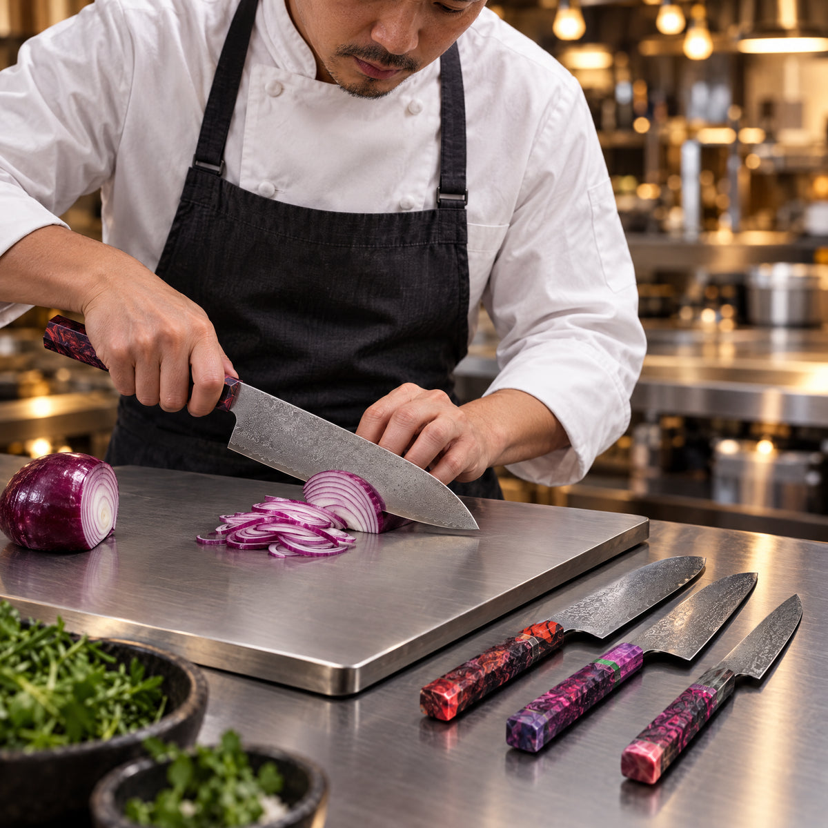 A Japanese chef using the Shinzan Damascus Knife Set on a titanium cutting board in a professional kitchen